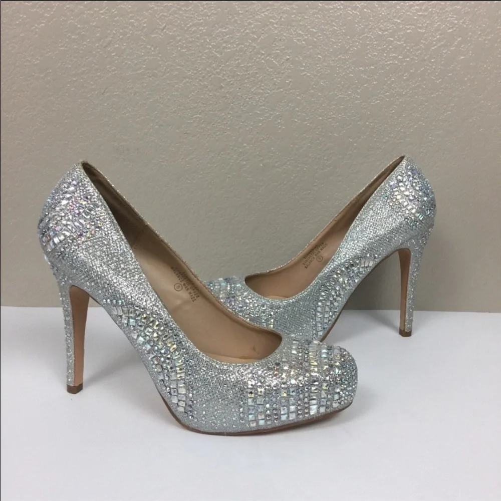 Silver Rhinestone Bling Platform Stilettos Size 8